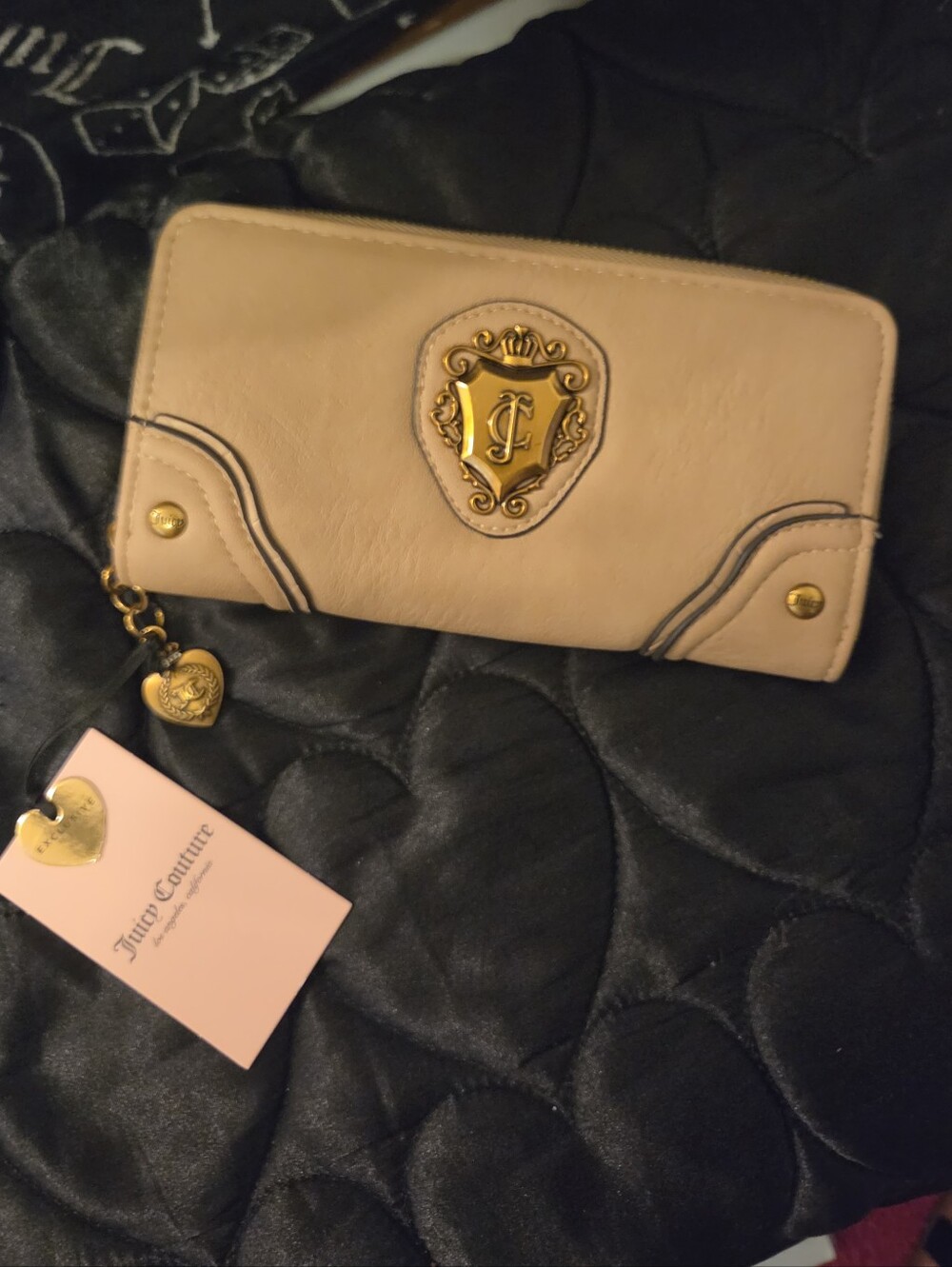 Juicy Couture Beige Zip-Around Wallet with Gold Crest and Charm
